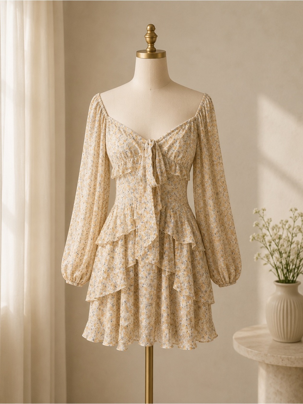 Storia Floral Mini Dress S Cottagecore Tie Front Long Sleeve Tiered Ruffle